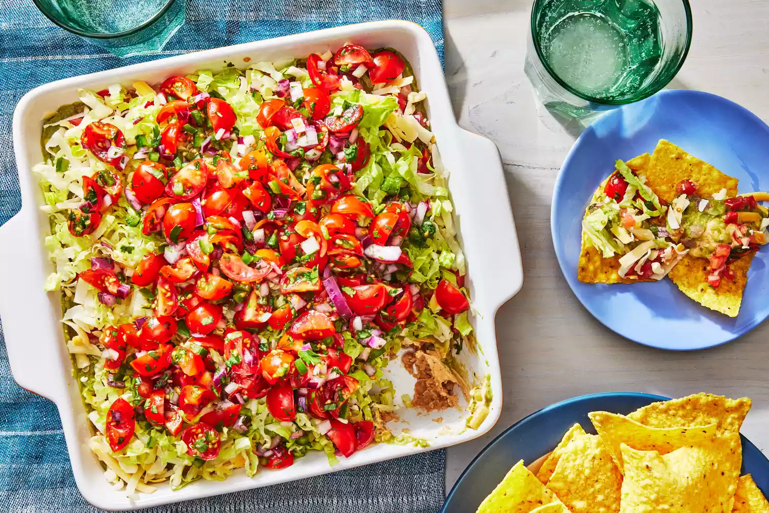 Southern Living Taco Dip in a dish to serve with chips